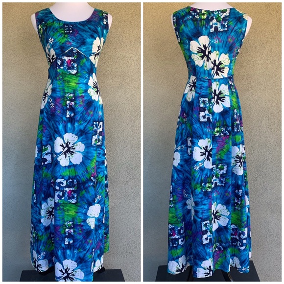 🌺 Vintage 70s Barkcloth Muumuu Dress Tie-Dye 🌺 - Picture 3 of 12